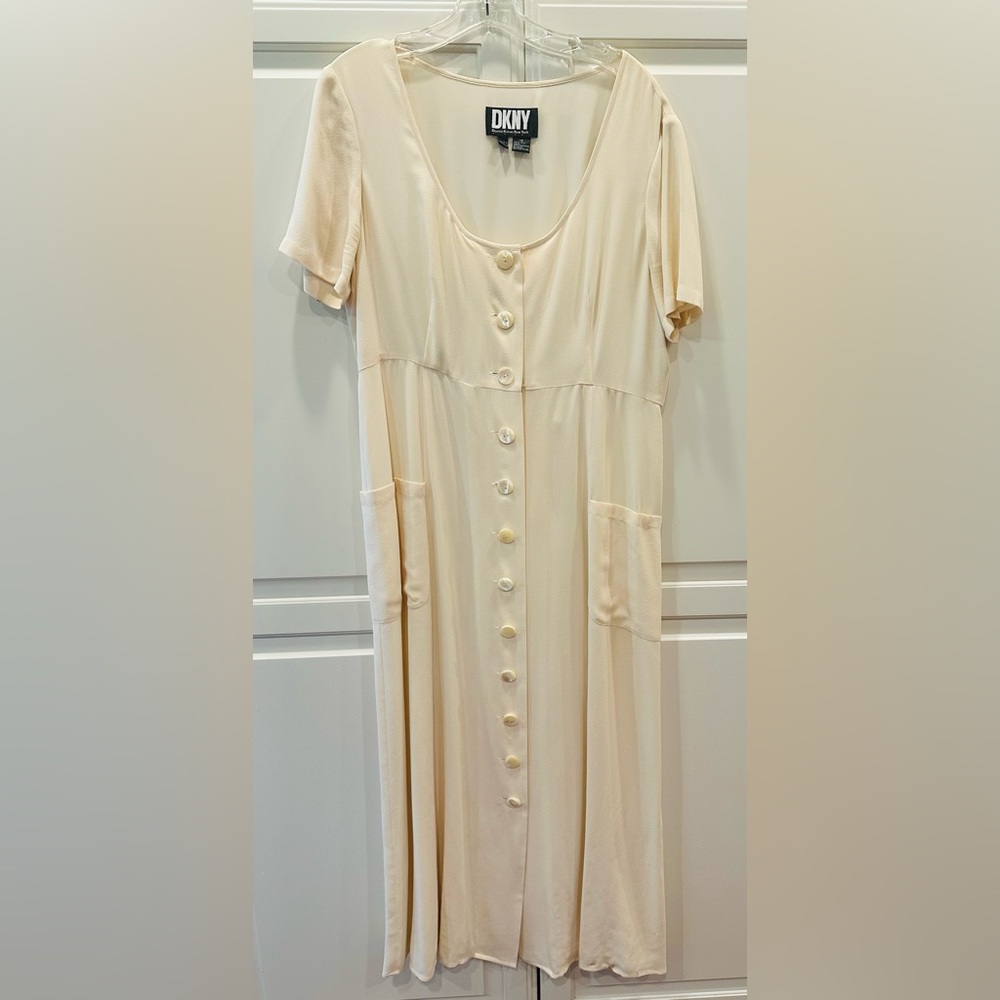 Elegant Cream Button-Down DKNY Dress 100% Silk Size 14